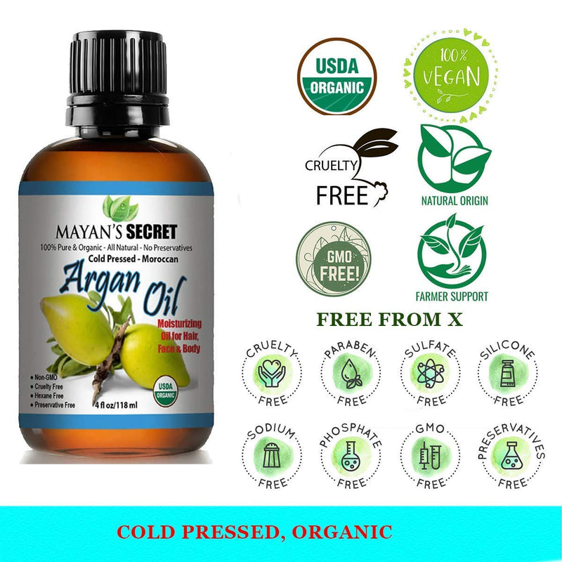 [Australia] - USDA Certified Organic Argan Oil For Hair, Skin, Face, Nails, Beard & Cuticles - Best 100% Pure Moroccan Aging skin , Wrinkles Beauty Secret, Cold Pressed Moisturizer 4oz 