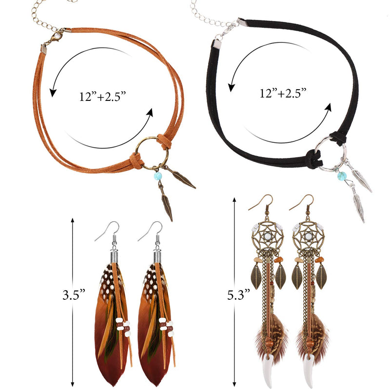 [Australia] - Native American Jewelry Set for Women Girls, 2 Pieces Faux Suede Choker Necklace Faux Leather Choker and 2 Pairs Bohemian Artificial Feather Earrings Boho Dream Catcher Earring Western Jewelry Set 