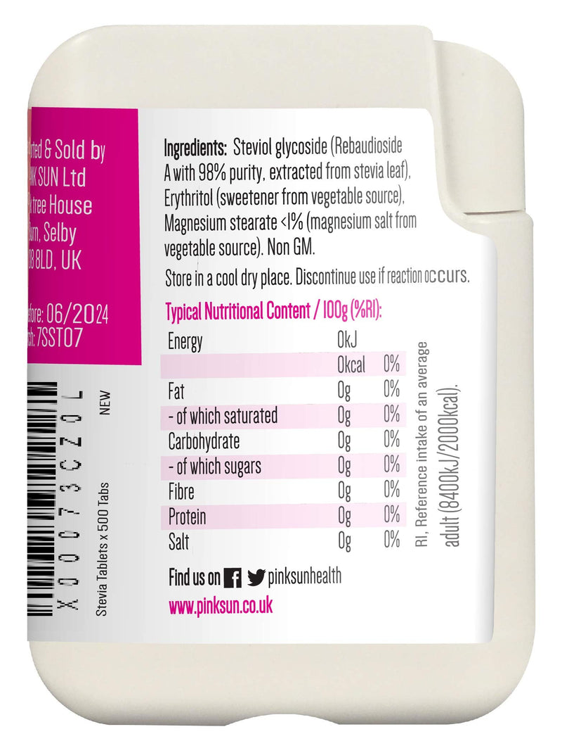 [Australia] - PINK SUN Stevia Tablets x 500 Tabs - Sweetener Sugar Alternative Replacement Vegetarian Vegan Gluten Free Low Carb Non GM Zero Calories - Or Bulk Buy Multi Pack Dispenser 500 Count (Pack of 1) 