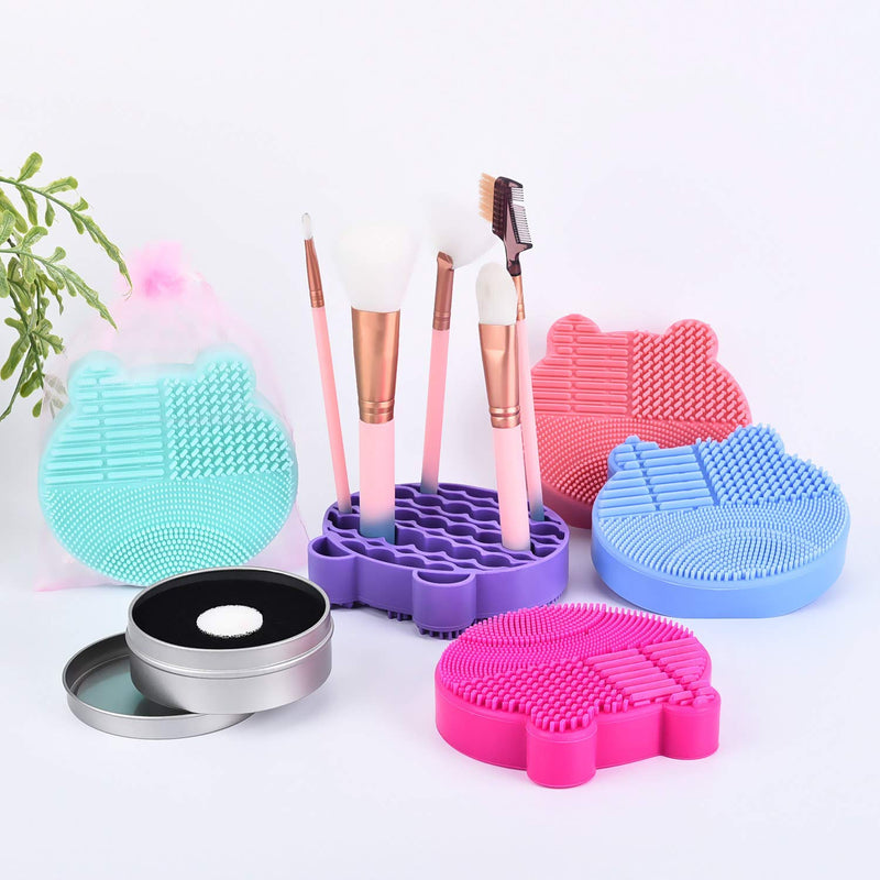 [Australia] - Silicon Makeup Brush Cleaning Mat with Brush Drying Holder Brush Cleaner Mat Portable Bear Shaped Cosmetic Brush Cleaner Pad+Makeup Brush Dry Cleaned Quick Color Removal Sponge Scrubber Tool (Green) Green 