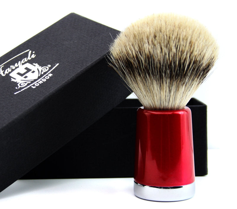 [Australia] - Mens Sliver Tip Badger Hair Shaving Brush with Shiny Red Base & Stainless Steel Brush Stand/Holder 