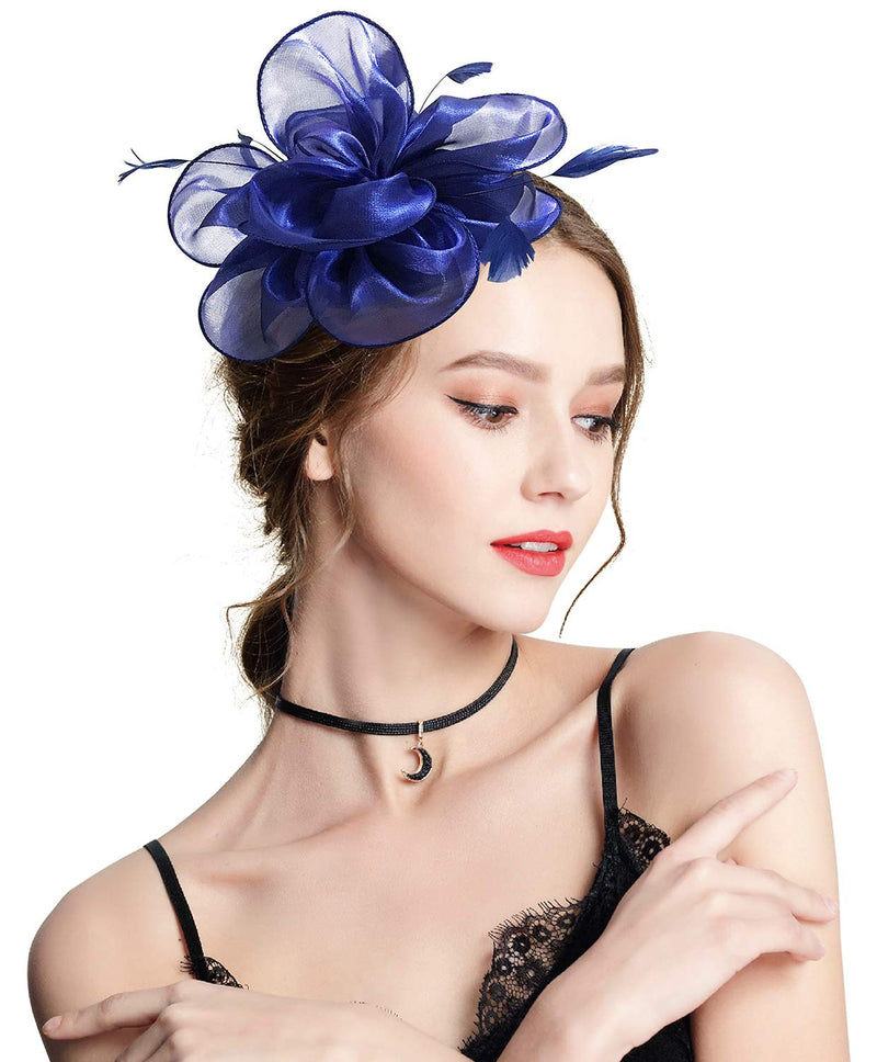 [Australia] - Z&X Sinamay Fascinator Kentucky Derby Church Hats for Women Floral Feather Tea Party Hat Bridal Headpiece with Headband Clip 029- Navy Blue 