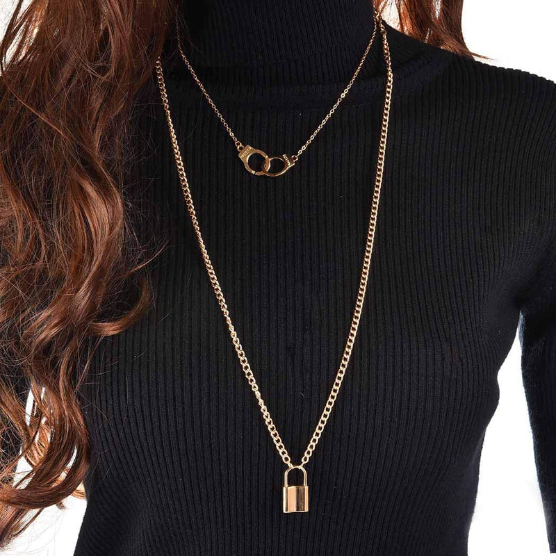 [Australia] - Mosako Punk Layered Necklaces Lock Pendant Necklace Chain Gold Handcuffs Necklace Jewelry for Women and Teen Girls 