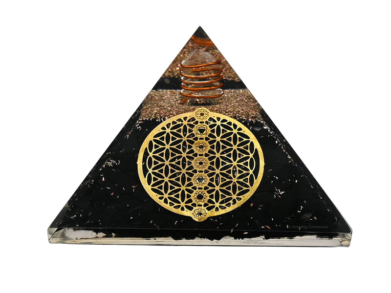 [Australia] - Large Orgone Pyramid | Black Tourmaline Pyramid Crystal | Chakra Flower of Life Orgonite Pyramid | Organ Pyramids Positive Energy Healing Flower of Life - 7 Chakra 