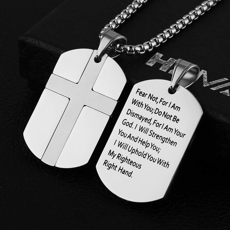 [Australia] - HZMAN Isaiah 41:10 Jewelry, Stainless Steel Cross Dog Tag Pendant Necklace Strength Bible Verse Silver 