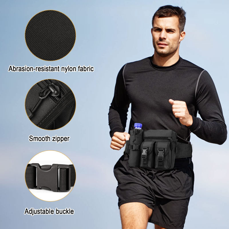 [Australia] - HUNTVP Tactical Waist Pack Bag with Water Bottle Pouch Molle Fanny Bag Bumbag Waist Bag for Dog Walking Running Hiking Travel Outdoors Black 