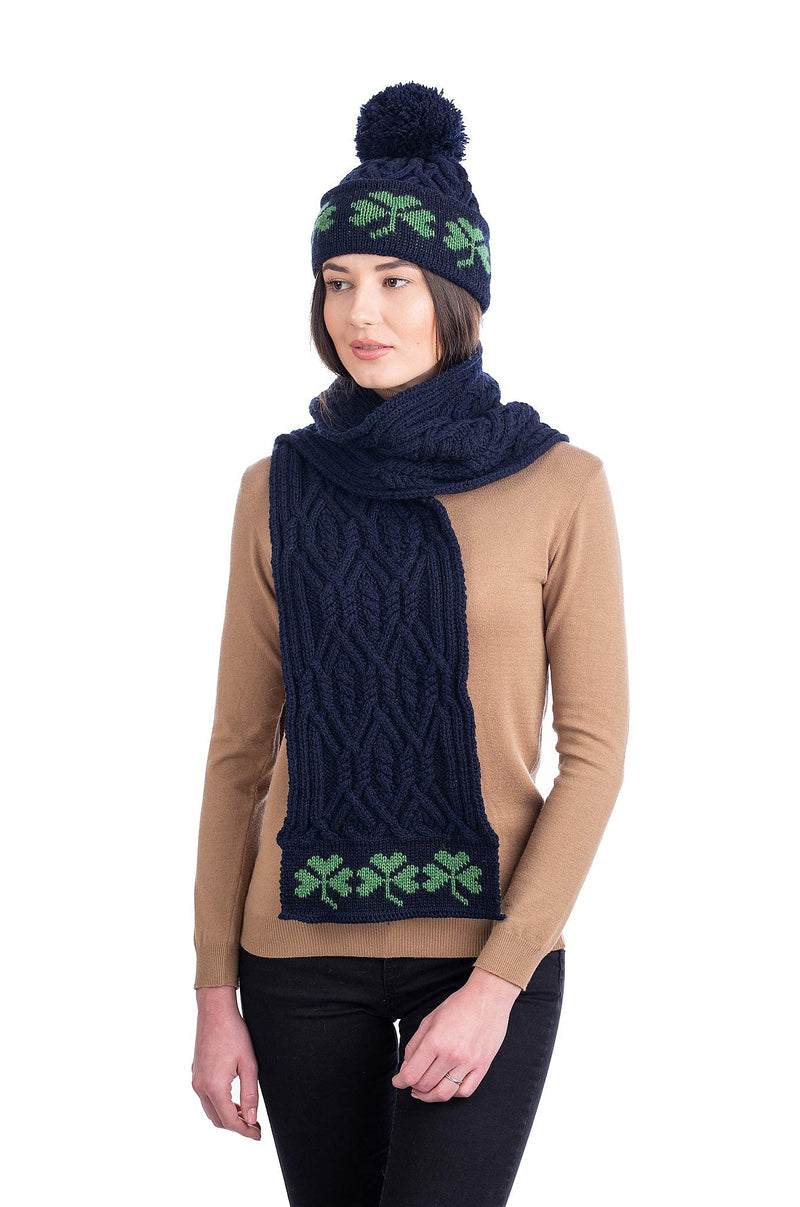 [Australia] - SAOL 100% Merino Wool Tree of Life Aran Wool Scarf for Ladies, in Natural/Navy/Green Navy 