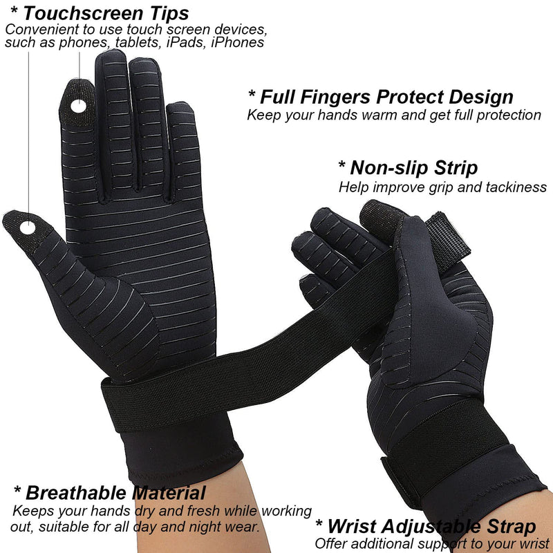 [Australia] - 2 Pairs Pack Copper Full Finger Compression Gloves with Wrist Strap, Arthritis Gloves for Women & Men Relieve Pain, Support Small / Medium(2 Pairs) 