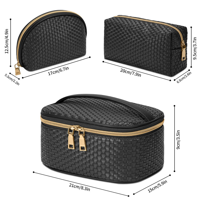 [Australia] - Makeup Bag 3 Pcs Waterproof Cosmetic Bag Set Portable Travel Cosmetic Bag Multifunction Organizer Storage Bag Weave Toiletry Bag for Women and Girls, Black 