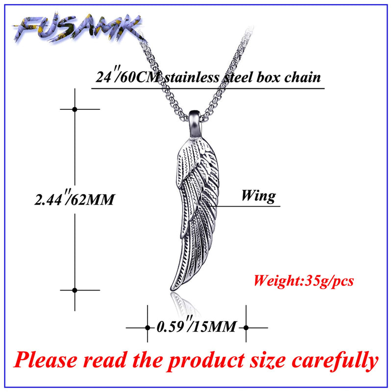 [Australia] - Fusamk Punk Stainless Steel Wing Pendant Feather Necklace,24" Box Chain Steel Feather 