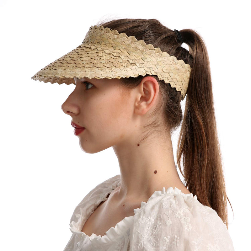 [Australia] - Outrip Straw Sun Visors Hats for Women Beach Summer Wide Brim UV Protection Roll-up Golf Tennis Running Visor Beige 