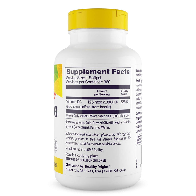[Australia] - Healthy Origins Vitamin D3 5, 000 IU (Non-GMO), 360 Softgels 360 Count (Pack of 1) 