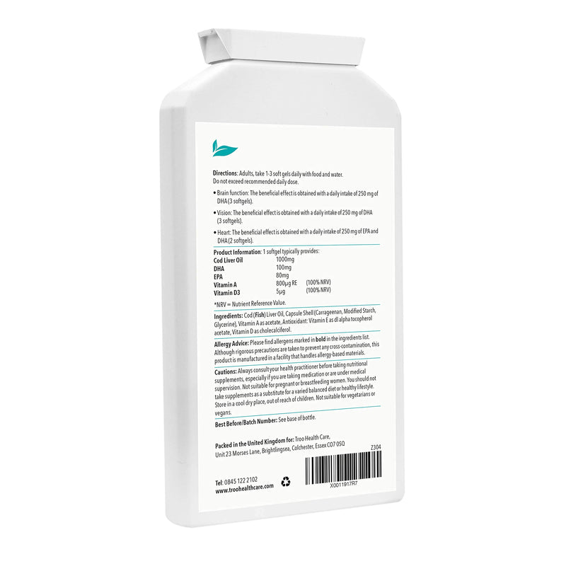 [Australia] - Cod Liver Oil Supplement 1000mg - 90 Soft Gel Capsules - Daily Omega 3 Supplement with DHA and EPA Essential Fatty Acids to Support Normal Function of The Heart, Brain and Eyes 