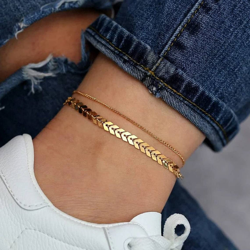 [Australia] - sovesi Gold Ankle Bracelets for Women Stainless Steel Flat Snake Chain Link Gold Anklet Dainty Beach Anklets for Women 01 Fishionbone Anklet 