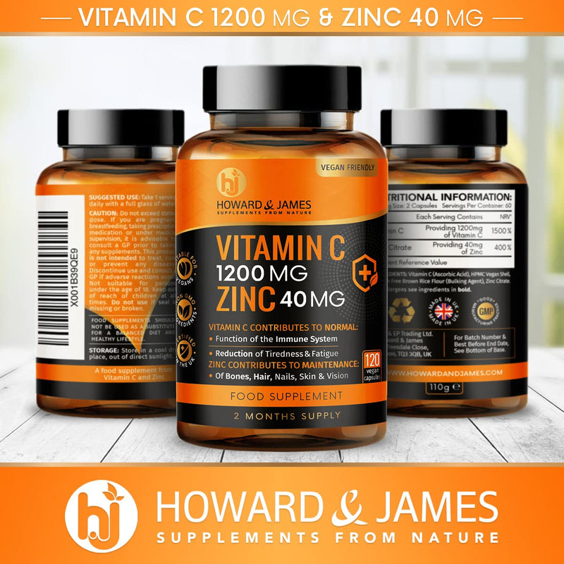 [Australia] - Vitamin C 1200mg and Zinc 40mg per Daily Serving - 120 High Strength Vegan Capsules with Ascorbic Acid - 2 Month Supply - Made in The UK by Howard & James 