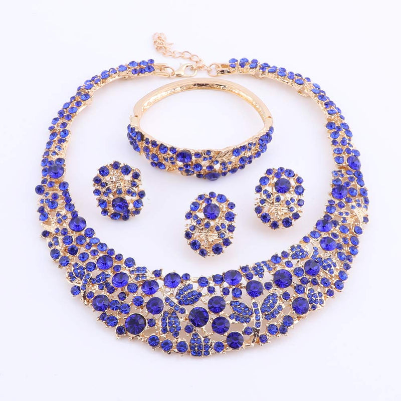 [Australia] - OUHE Jewelry Sets for Women Crystal Inlay Necklace Earrings Ring Bracelet Bridesmaid Costume Show Wedding Gold Blue 