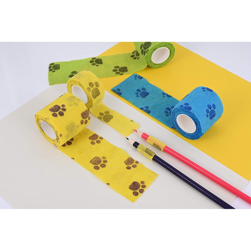 [Australia] - 3 Rolls Pet Vet Wrap Self Adhesive Pet Elastic Bandage Vet Wrap Tape for Wrist, Ankle Sprains & Swelling, 3 Colors with Dog Paw Pattern 