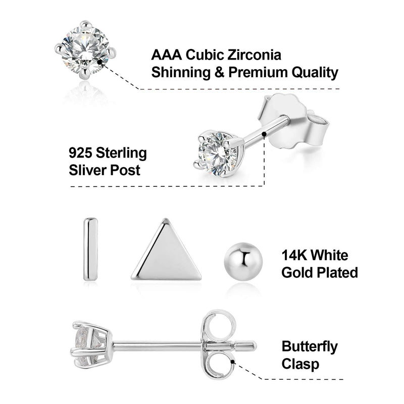 [Australia] - Sterling Silver Stud Earrings - 4 Pairs Small Silver Ball Earrings Triangle Stud Earrings Round CZ Earrings Bar Earrings Set Hypoallergenic Studs Cartilage 14K Earrings(3mm2&5mm2) 1Silver-4 pairs studs 