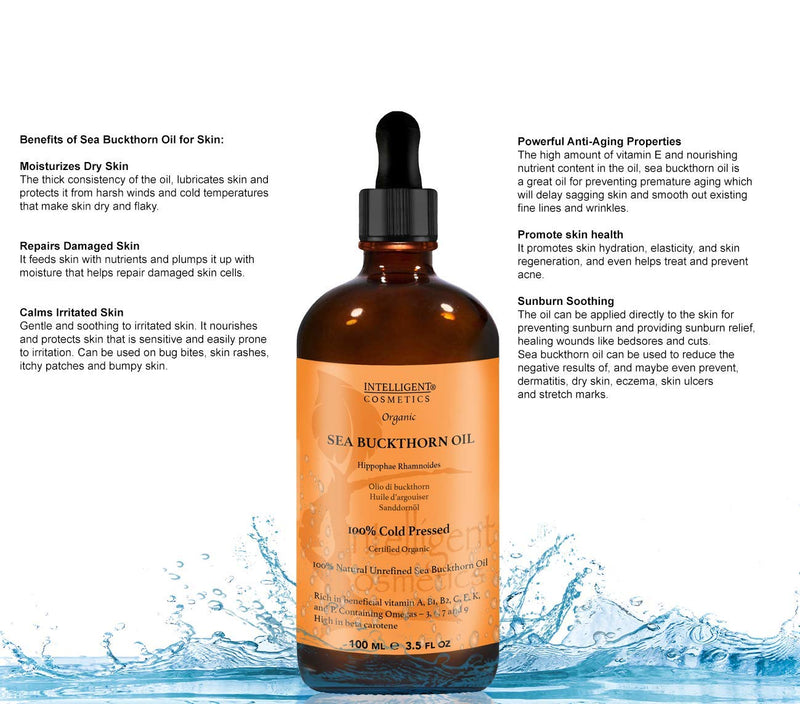 [Australia] - SEA BUCKTHORN OIL 100ML, 100% Cold Pressed Organic, Unrefined, Pure & Natural, Repairs Damaged Skin, Calms Irritated Skin, Heals Rosacea Supplied in Glass Amber Bottle with Pipette 