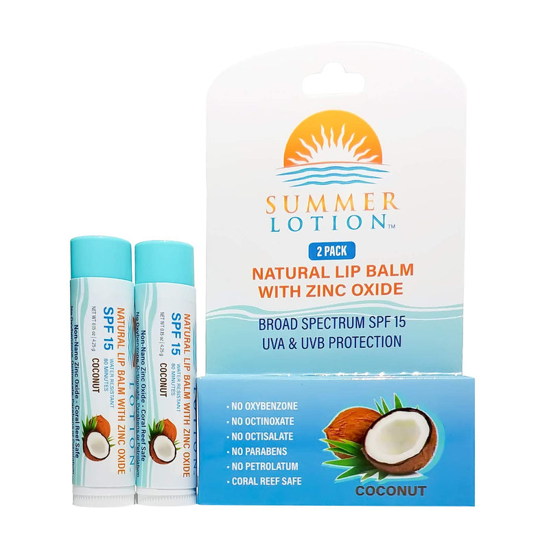 [Australia] - Natural Lip Balm with Zinc Oxide Sunblock by Summer Lotion, SPF 15 Lip Sunscreen 2-Pack, Water Resistant Chapstick, SPF Lip Protection for Everyone, (Coconut) Coconut 