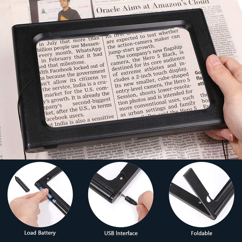 [Australia] - Large Full-Page 3X Magnifying Glass Hands-Free Rectangular Magnifier LED Lighted Illuminated Foldable Desktop Portable for Elder Large 