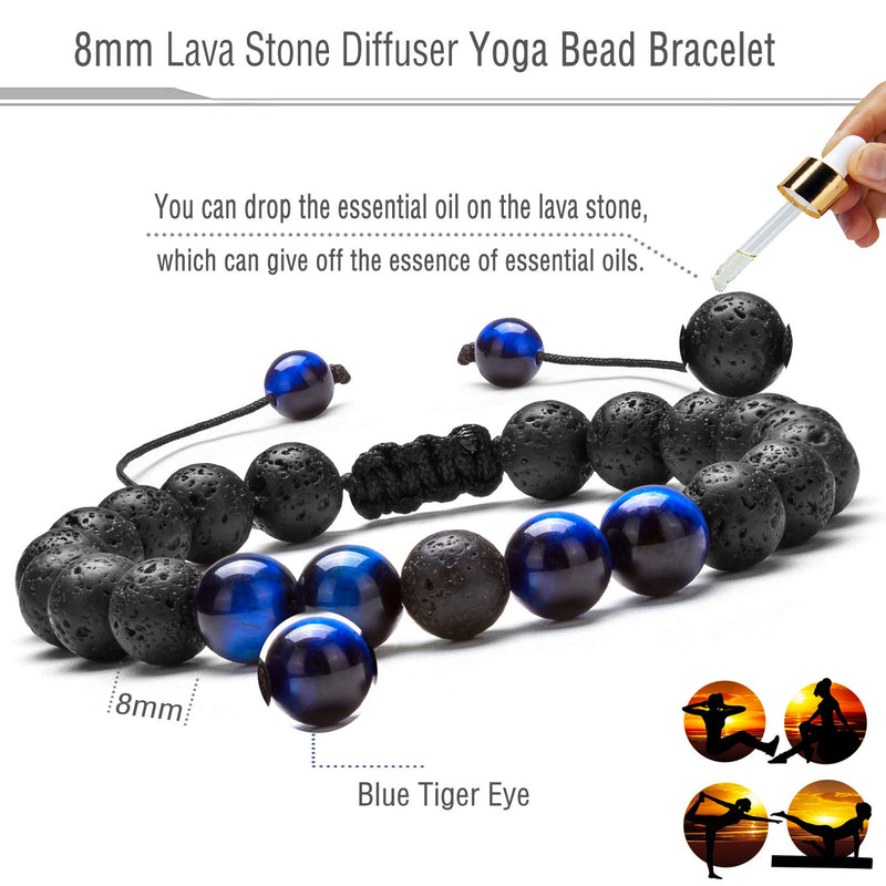 [Australia] - Hamoery Men Women 8mm Lava Rock Aromatherapy Anxiety Essential Oil Diffuser Bracelet Braided Rope Natural Stone Yoga Gifts Beads Bracelet Bangle-21017 A-Blue Tiger Eye 