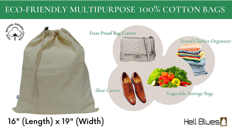 [Australia] - Set of 4 Pure Cotton Dust-Proof Drawstring Breathable Multipurpose Storage Bags Pouch by Hell Blues Large (19"x 24") 4 Pack 