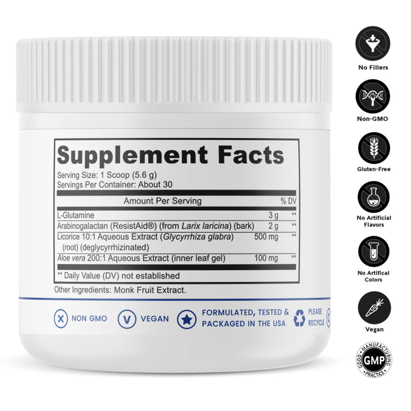 [Australia] - Leaky Gut Defense - 30 Servings | GI Repair | Contains: 3g L-Glutamine, Licorice Root (deglycyrrhized), Aloe Leaf & Arabinogalactan | Stevia-Free - Sweetened with Monk Fruit | Pharmaceutical Grade 5.92 Ounce (Pack of 1) 