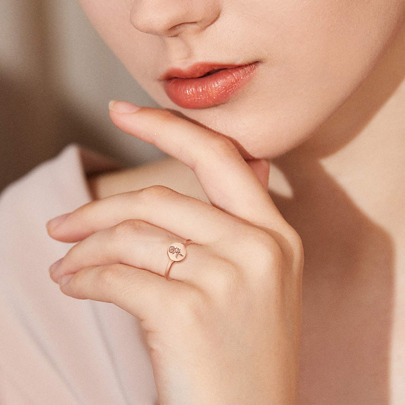 [Australia] - YeGienor Handmade Flower Signet Ring -18K Gold Over 925 Sterling Silver-Minimalistic Statement Ring with Botanical Engraved- Delicate Jewelry Gift for Women/Girls Rose- Gold 5 