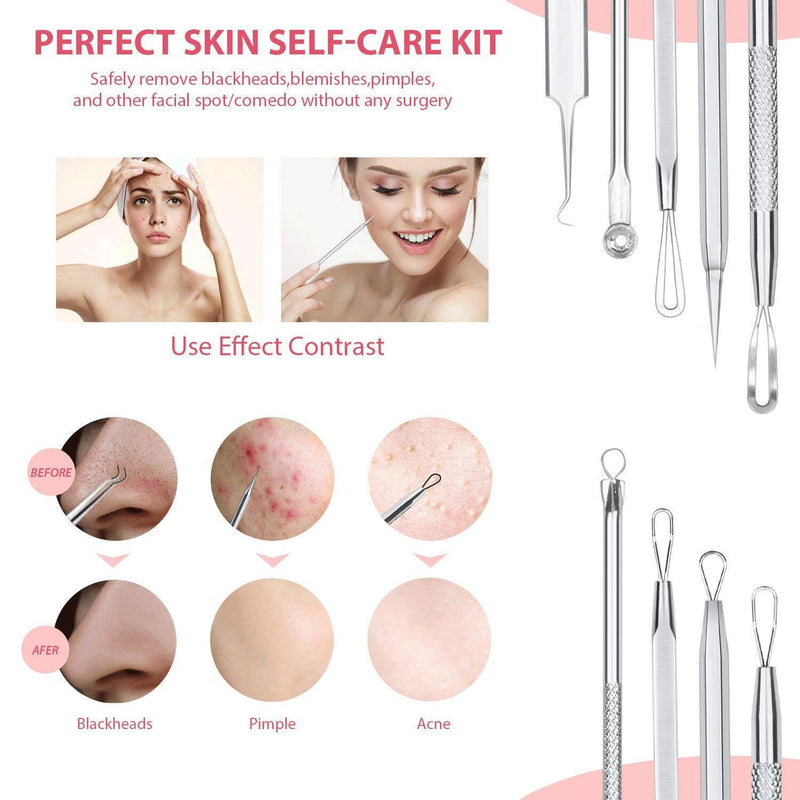 [Australia] - JPNK 6 PCS Blackhead Remover Comedones Extractor Acne Removal Kit for Blemish, Whitehead Popping, Zit Removing for Nose Face Tools with a Leather bag(Silver) Silver 