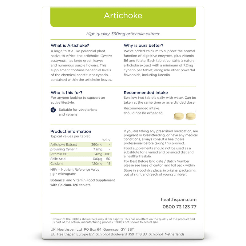 [Australia] - Healthspan Artichoke Extract 360mg (120 Tablets) | High Strength Vegan Artichoke Tablets with 7.2mg of Cynarin | with Calcium, Folate & Vitamin B6 | Supports Digestive Health | Vegan 