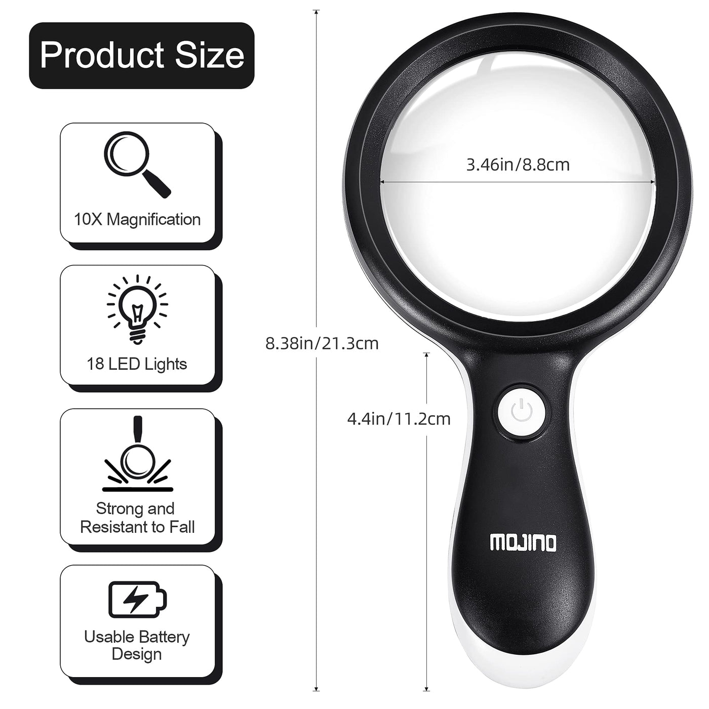 Magnifying Glass with Light, MOJINO 10X Lighted Large Handheld Reading  Magnifier Glasses with 18 LED Lights for Macular Degeneration, Seniors &  Kids