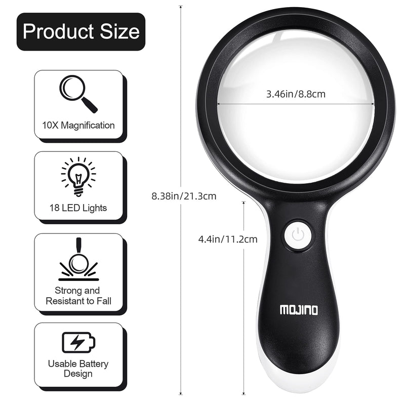 [Australia] - Magnifying Glass with Light, MOJINO 10X Lighted Large Handheld Reading Magnifier Glasses with 18 LED Lights for Macular Degeneration, Seniors & Kids Reading, Inspection, Coins, Jewelry, Exploring Black 