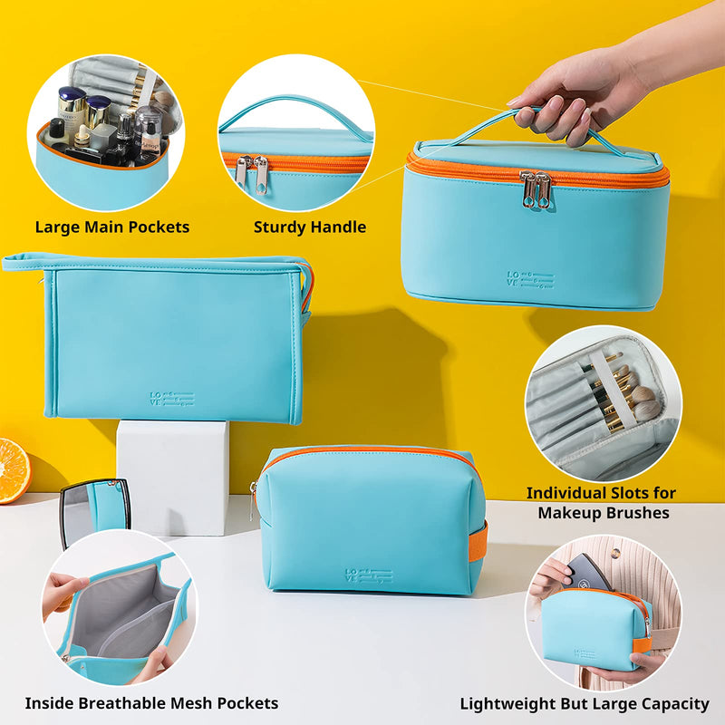 [Australia] - Cosmetic Bag Makeup Bag for Purse Pouch Travel Beauty Zipper Organizer Bag Gifts for Girl Women, PU Leather Washable Waterproof 3 Light Blue 