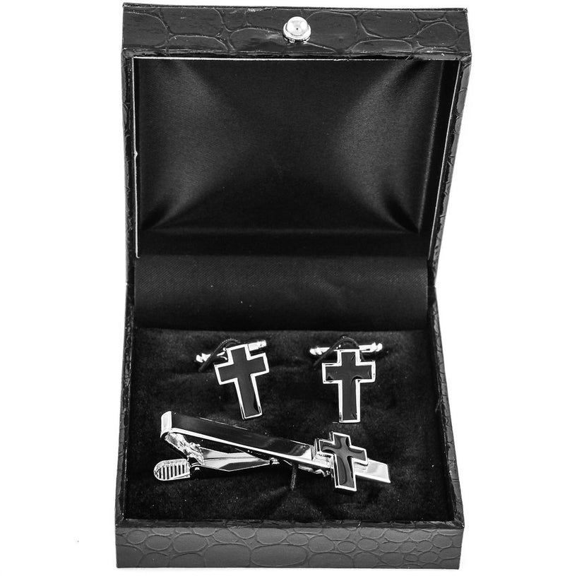 [Australia] - MRCUFF Cross Cufflinks Christian Pair of Cufflinks & Tie Bar Clip with Presentation Gift Box & Polishing Cloth 