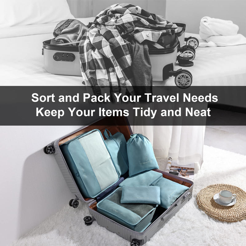 [Australia] - DIMJ Packing Cubes, 7 Sets Travel Luggage Organizers Suitcases Waterproof Packing Organiser with Label Shoe Storage Bags Laundry Bag 7 Pack Cation Blue 