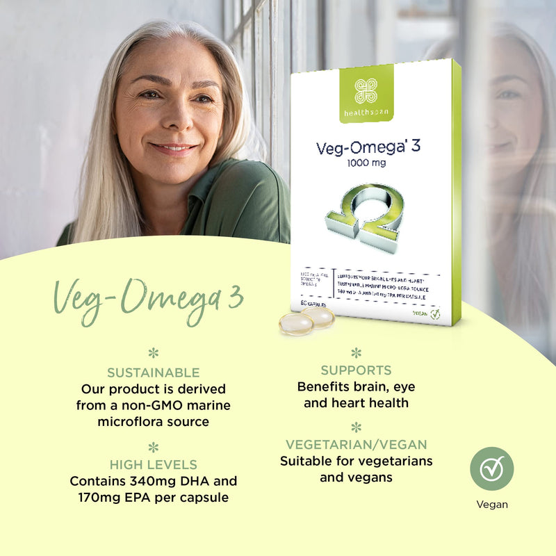 [Australia] - Healthspan Veg-Omega 3 1,000mg | 60 Capsules | Support Brain, Eye and Heart Health | Vegan Algal Source | No Fish | Omega 3 Fatty Acids DHA & EPA | Non-GMO | Vegan 