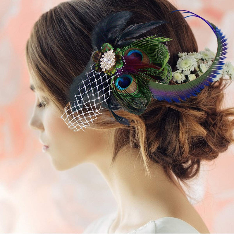 [Australia] - Number-One Fascinators Peacock Feather Hair Clip Headband Mesh Rhinestone Bridal Wedding Costume Cocktail Tea Party Photography Headwear Headdress Hair Accessories with Hairpin for Women 