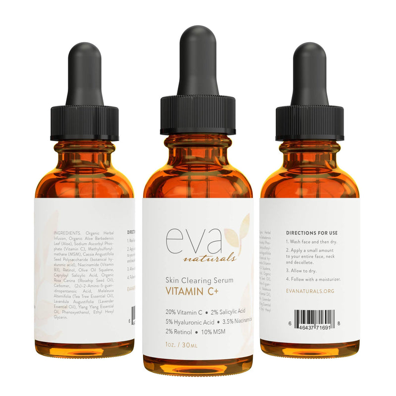 [Australia] - Eva Naturals Vitamin C Serum Plus 2% Retinol, 3.5% Niacinamide, 5% Hyaluronic Acid, 2% Salicylic Acid, 10% MSM, 20% Vitamin C - Skin Clearing Serum - Anti-Aging Skin Repair, Face Serum (1 oz) 1 Ounce (Pack of 1) 