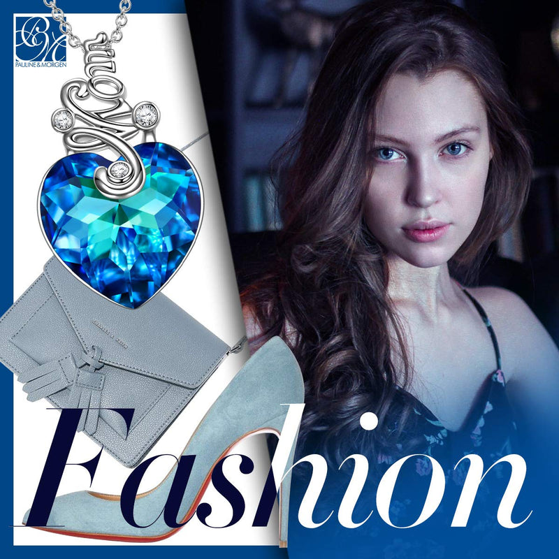 [Australia] - PAULINE&MORGEN ✦ Stay for Love ✦ Christmas Necklace Gifts for Her Love Heart Shaped Necklace for Women Girls with Bermuda Blue Crystal from Swarovski Heart of Ocean Jewelry 