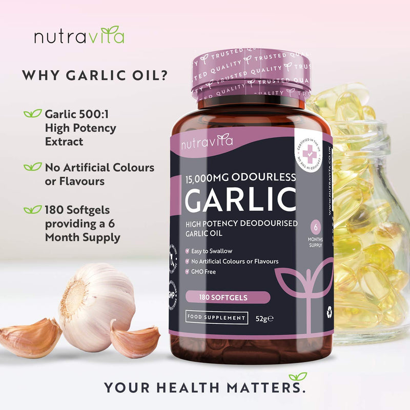 [Australia] - Premium Garlic Capsules - Odourless High Strength 15,000mg - 180 Soft Gel Capsules of Deodourised Cold Pressed Garlic Oil from Allium Sativum – 6 Month Supply - Made in The UK by Nutravita 