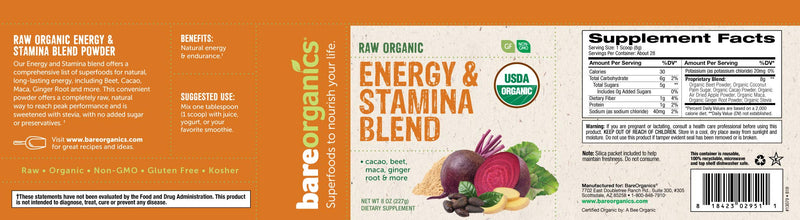 [Australia] - BareOrganics Energy & Stamina Blend Powder, Organic Superfood, Vegan Dietary Supplement, 8 Ounces 