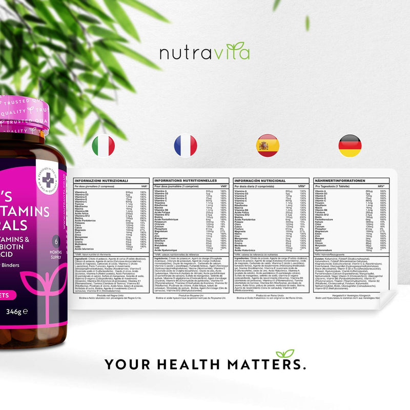 [Australia] - Women's Multivitamins and Minerals - 24 Essential Active Vitamins and Minerals with Added Hyaluronic Acid - 180 Vegan Tablets - No Synthetic Fillers or Binders - Made in The UK by Nutravita 