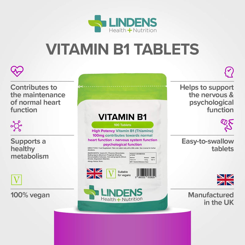 [Australia] - Lindens Vitamin B1 Thiamine Tablets - 100 Pack - for Heart, Immune and Psychological Function & Energy Release - UK Manufacturer, Letterbox Friendly 