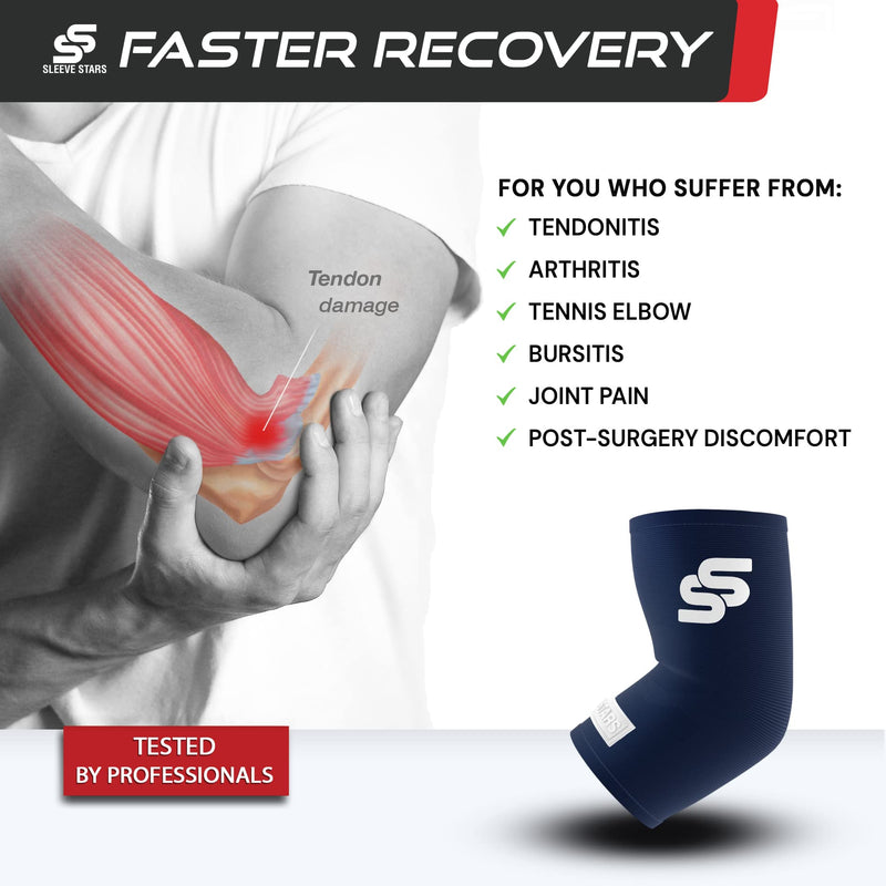 [Australia] - Sleeve Stars Elbow Compression Sleeve for Women & Men, Tennis Elbow Brace for Tendonitis and Tennis Elbow Sleeve for Elbow Pain & Arthritis, Arm Protector Support Wrap for Golf & Other Sports (S-XXL) L: 10"-12" Navy Blue 
