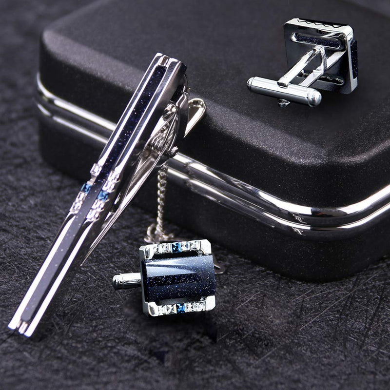 [Australia] - BagTu Shinning Galaxy Cufflinks and Tie Clip Set with Gift Box and Greeting Card, Strip Galaxy Dark Blue Cufflinks and Tie Clip Gift Set for Men 