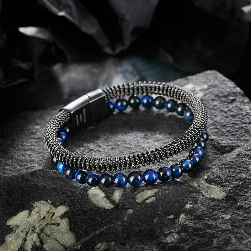 [Australia] - Murtoo Mens Bead Leather Bracelet, Natural Bead, Steel and Leather Bracelet for Men Christmas Gift Black, blue 