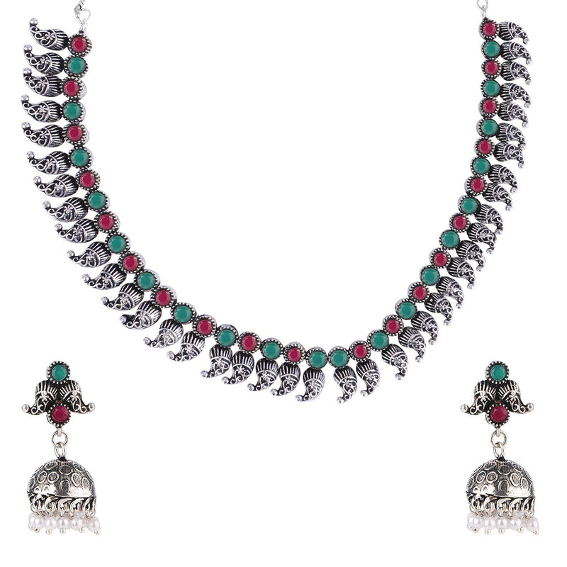 [Australia] - Efulgenz Boho Vintage Antique Ethnic Gypsy Indian Oxidized Silver Crystal Cubic Zirconia Bridal Necklace Earrings Jewelry Set Pink,Green 