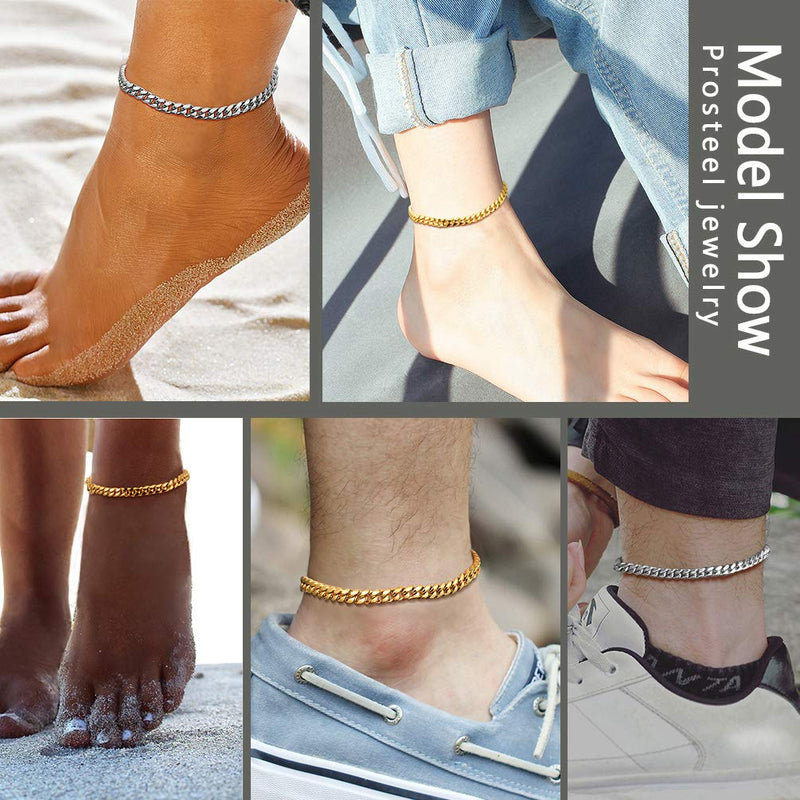 [Australia] - PROSTEEL Stainless Steel Chain Anklets for Men Women, Silver/Gold Tone, Ankle Bracelets Hypoallergenic, 8-10.5 Inch Adjustable, Come Gift Box A: gold-thick cuban chain-6mm 