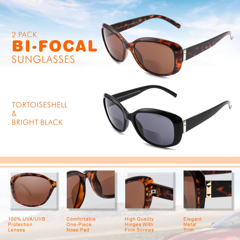 [Australia] - Superior Bifocal Reading Sunglasses for Women, Kisdate Sun Readers Ladies Shades 1 Black & 1 Tortoise 1.5 Diopters 